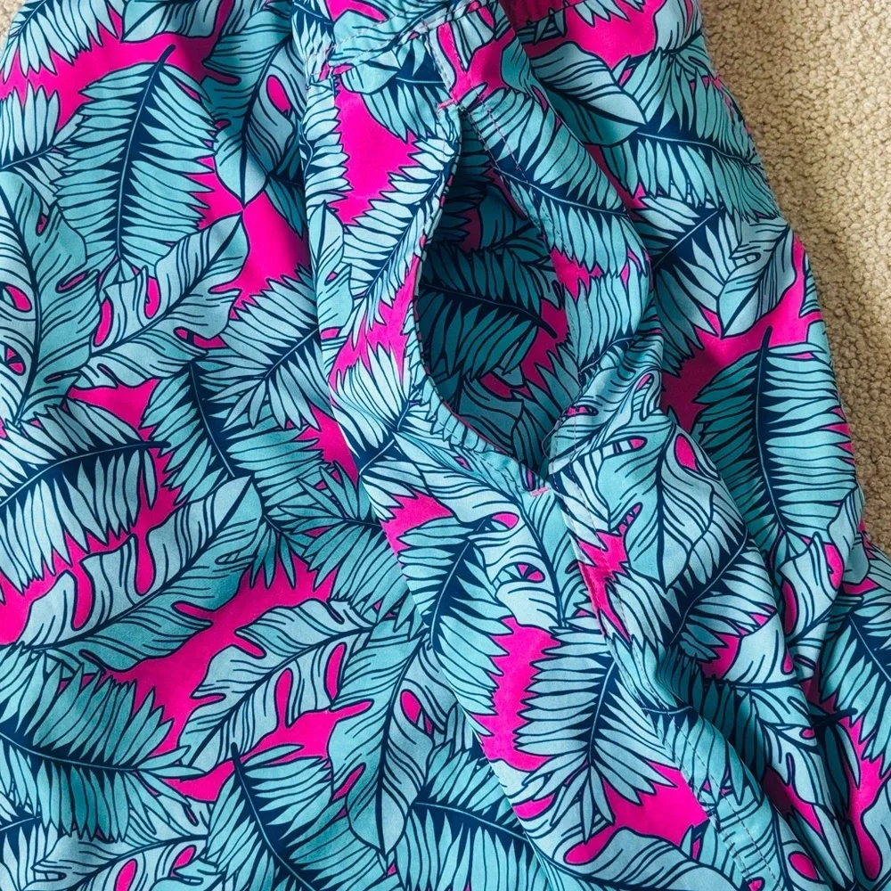 Vibrant Blue and Pink Leaf Pattern Swim Trunks